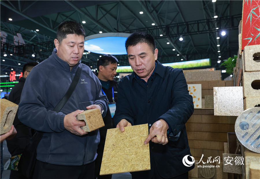 參展客商展示用秸稈制作的磚塊和板材。人民網(wǎng)記者 張俊攝