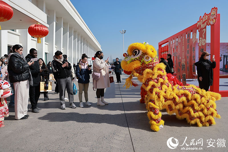 幾位外國友人用手機記錄下舞獅表演的精彩時刻。人民網(wǎng)記者 王曉飛攝